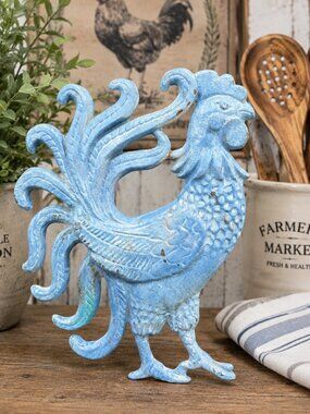 Vintage Blue Cast Iron Rooster Trivet Farmhouse Kitchen Wall Decor 9.5"